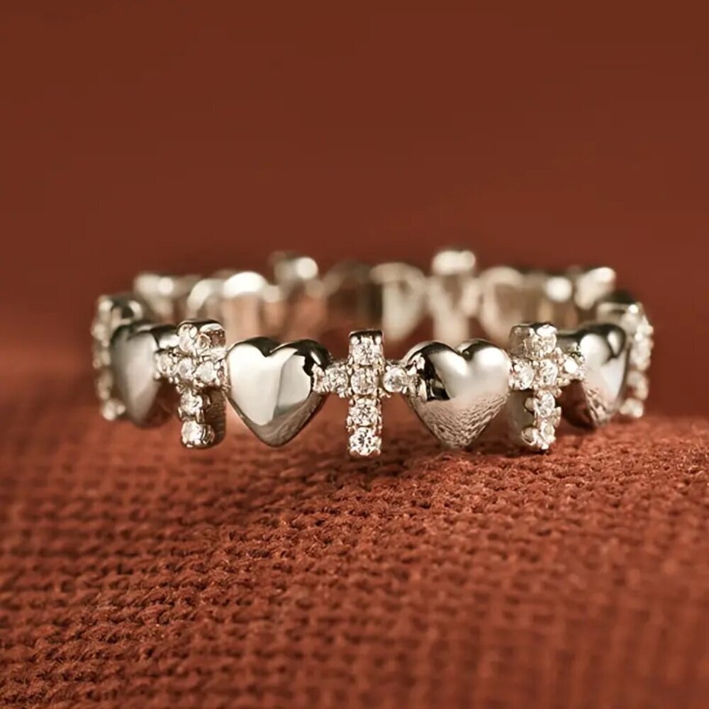 NEW Size 7, silver cross ring, heart cross jewelry, silver heart ring, trendy